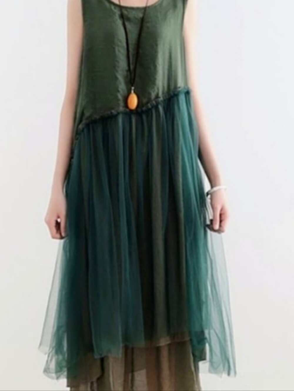 Custom Made Slow Fashion Sleeveless Green Layered Tulle Dress - Picture 3 of 6